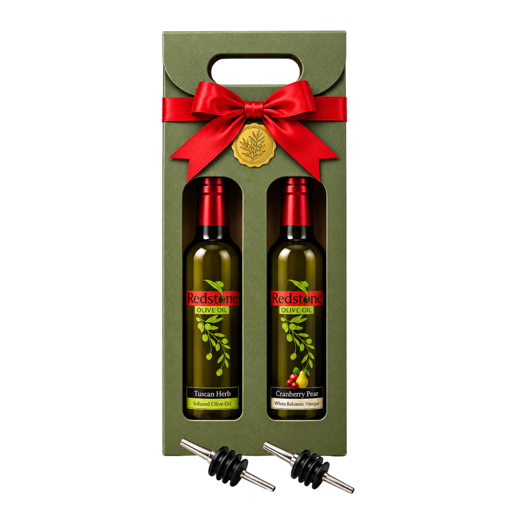 Two Redstone Olive Oil bottles in a sage green two-window gift box with a carry handle and red bow