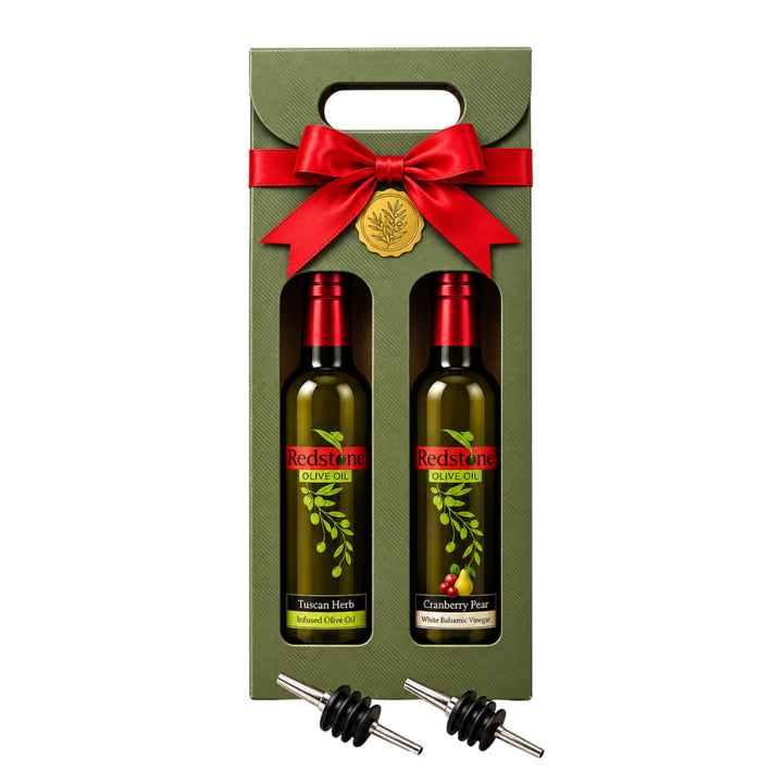 Two Redstone Olive Oil bottles in a sage green two-window gift box with a carry handle and red bow