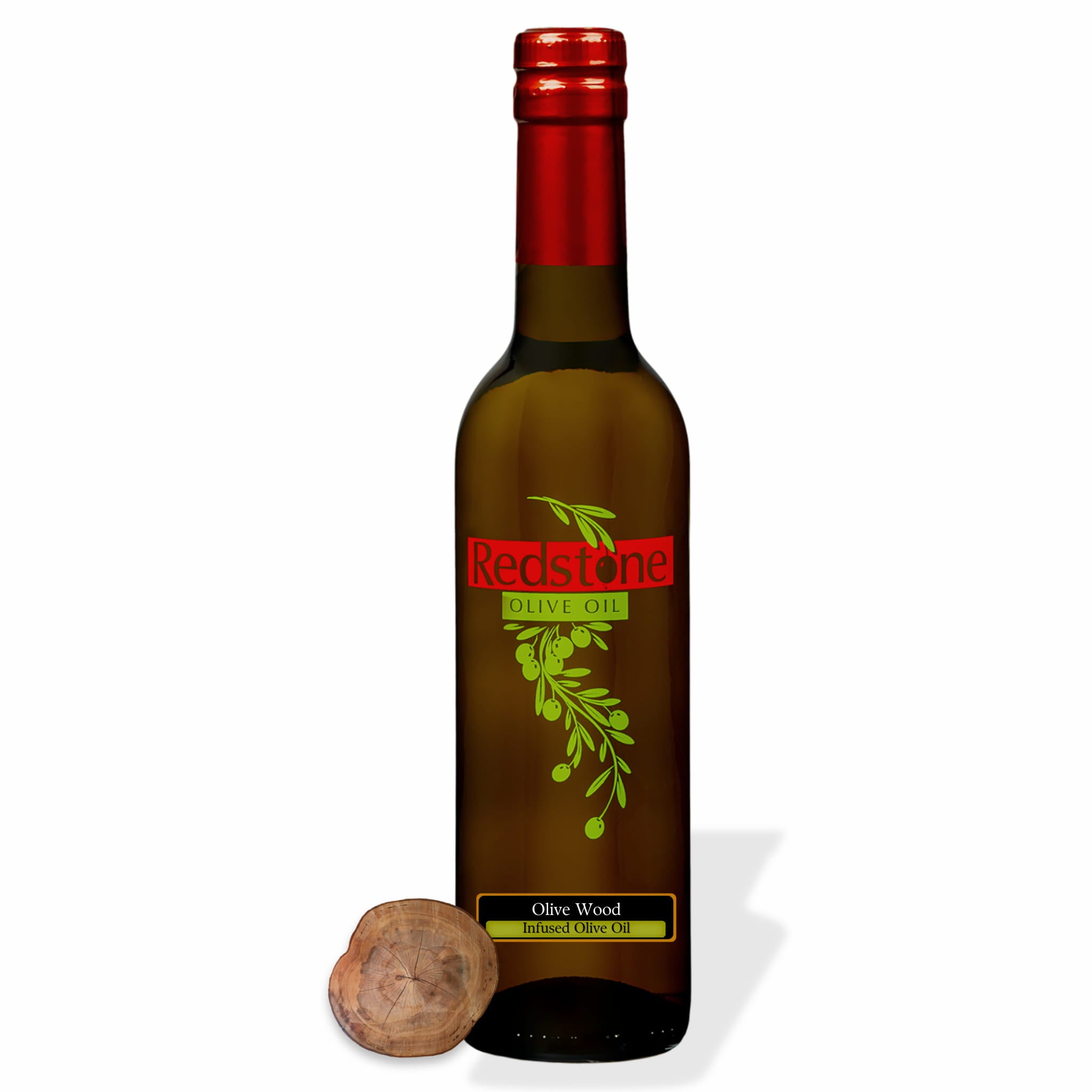 Bottle of Redstone Olive Wood Smoked Olive Oil with a wood slice