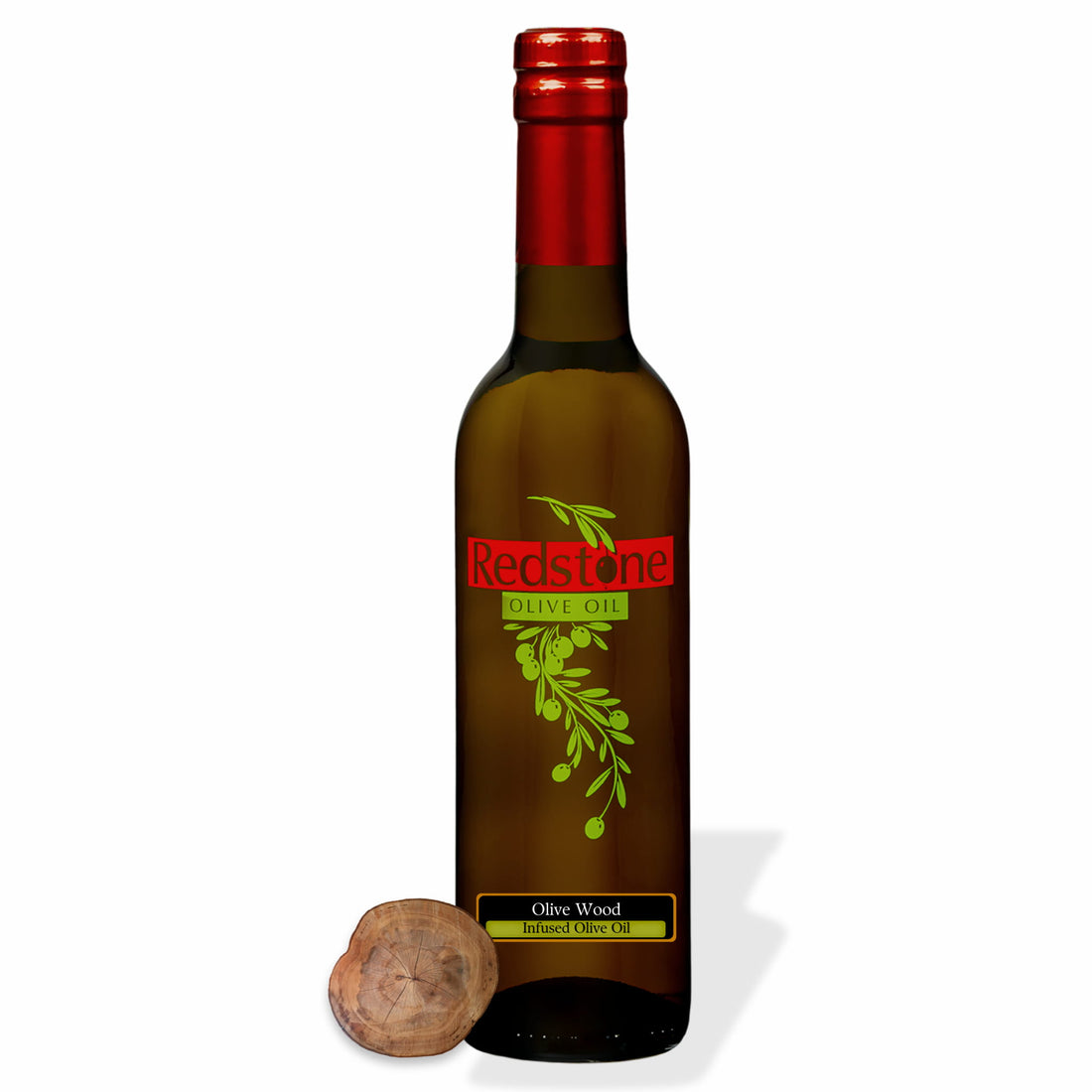 Bottle of Redstone Olive Wood Smoked Olive Oil with a wood slice