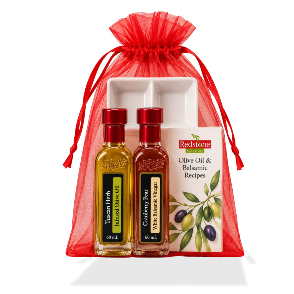 Tuscan Herb olive oil and Cranberry Pear white balsamic 60 mL bottles with dipping dish and recipe card in red organza bag