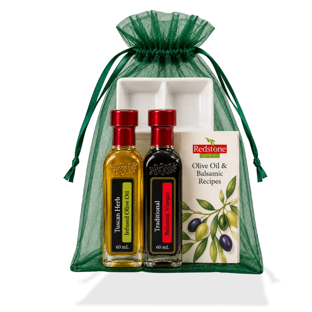 Tuscan Herb olive oil and Traditional balsamic 60 mL bottles with dipping dish and recipe card in green organza bag