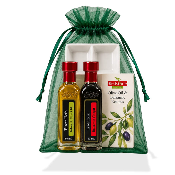 Tuscan Herb olive oil and Traditional balsamic 60 mL bottles with dipping dish and recipe card in green organza bag