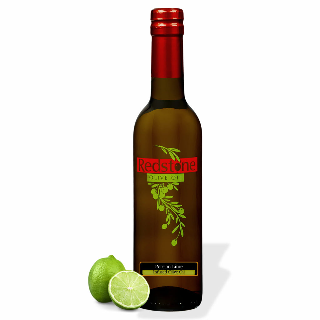 Bottle of Redstone Persian Lime Infused Olive Oil with fresh limes