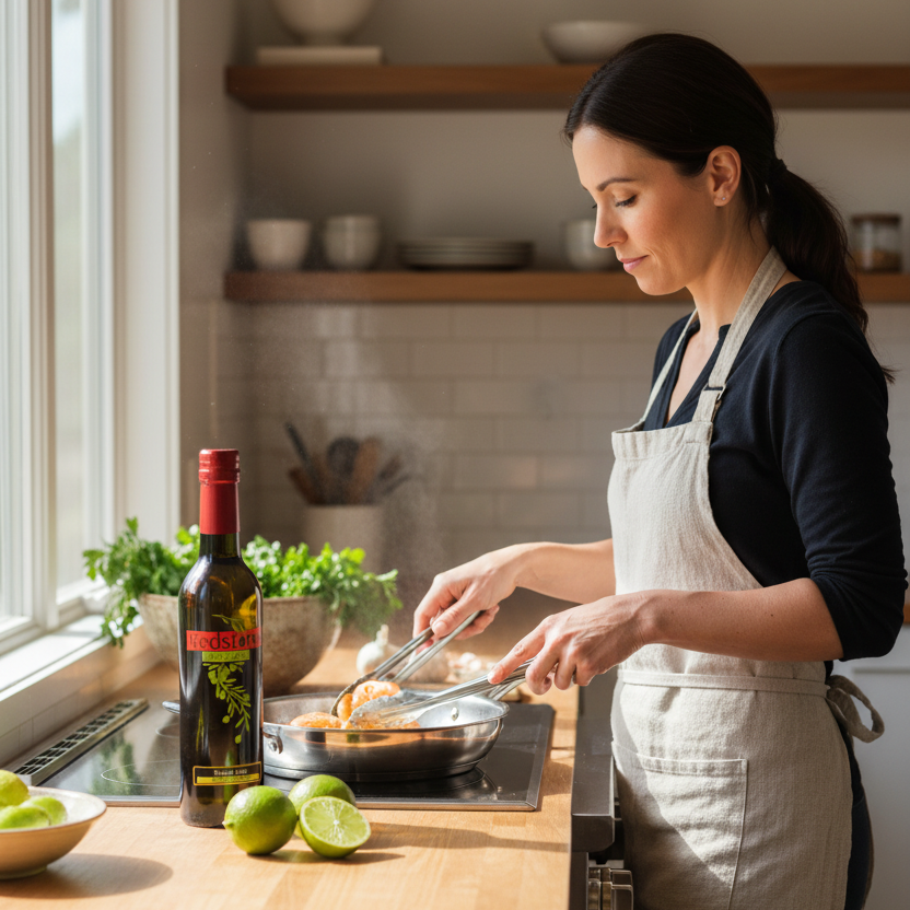 Woman cooking shrimp with Redstone Persian Lime Infused Olive Oil and fresh limes