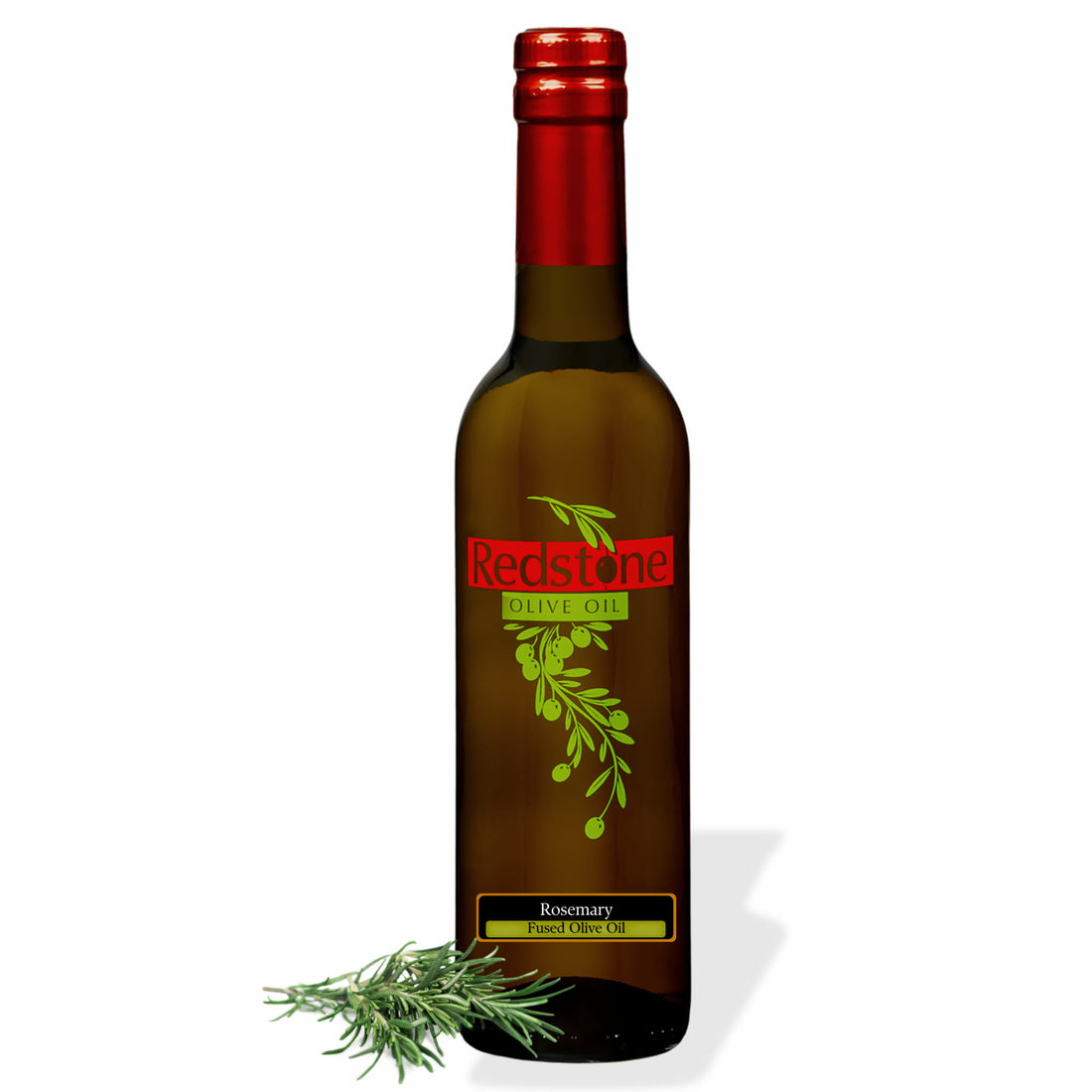 Bottle of Redstone Rosemary Fused Olive Oil with fresh rosemary sprigs