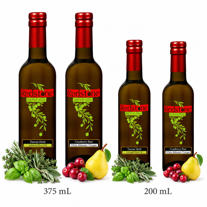 Tuscan Herb olive oil and Cranberry Pear white balsamic bottles in 375 mL and 200 mL sizes shown side by side