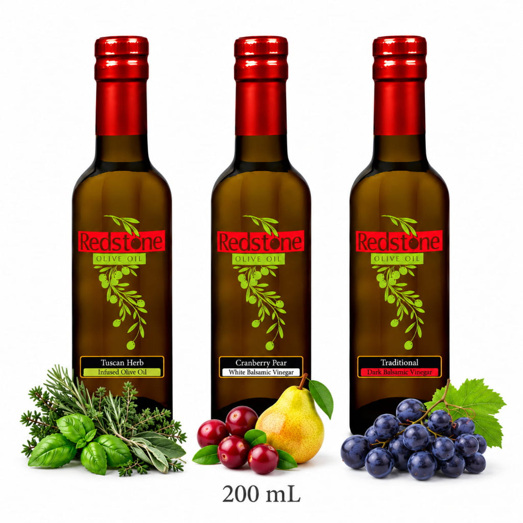 Tuscan Herb olive oil, Cranberry Pear white balsamic, and Traditional dark balsamic in 200 mL bottles