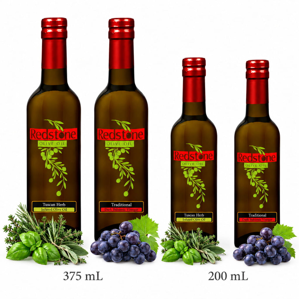Tuscan Herb olive oil and Traditional dark balsamic bottles in 375 mL and 200 mL sizes shown side by side
