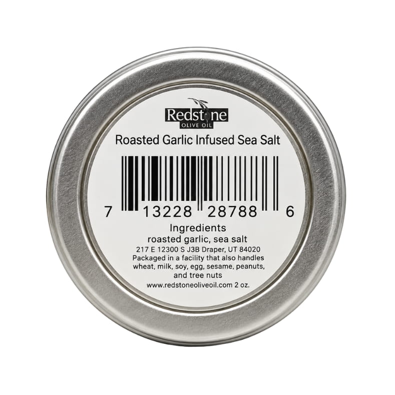 Redstone Roasted Garlic Sea Salt bottom label showing barcode, ingredients: roasted garlic, sea salt — 2 oz tin