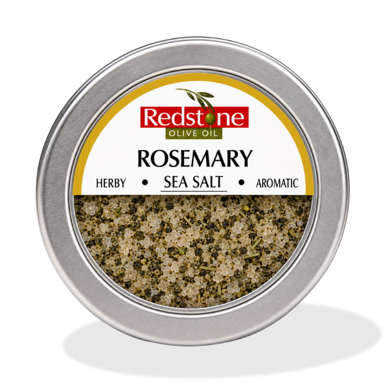 Redstone Rosemary Sea Salt front tin label — all natural, no preservatives, non-GMO — 2 oz tin
