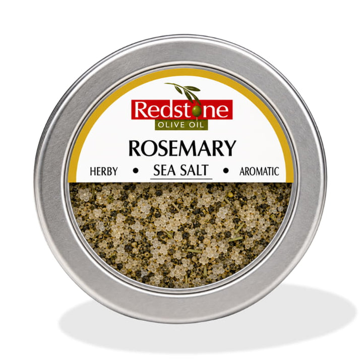 Redstone Rosemary Sea Salt front tin label — all natural, no preservatives, non-GMO — 2 oz tin