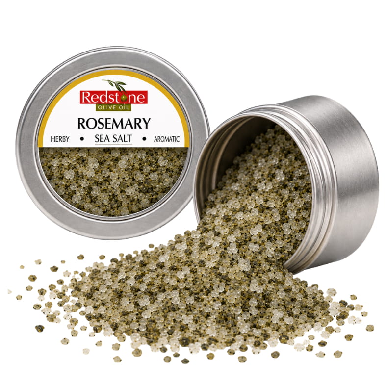 Redstone Rosemary Sea Salt open tin spilling herby aromatic sea salt crystals with rosemary — all-natural gourmet finishing salt