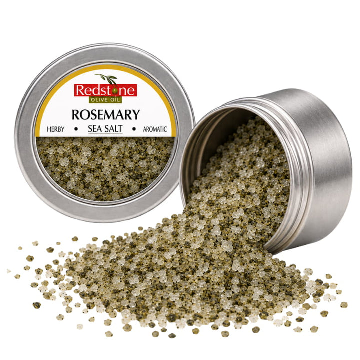 Redstone Rosemary Sea Salt open tin spilling herby aromatic sea salt crystals with rosemary — all-natural gourmet finishing salt