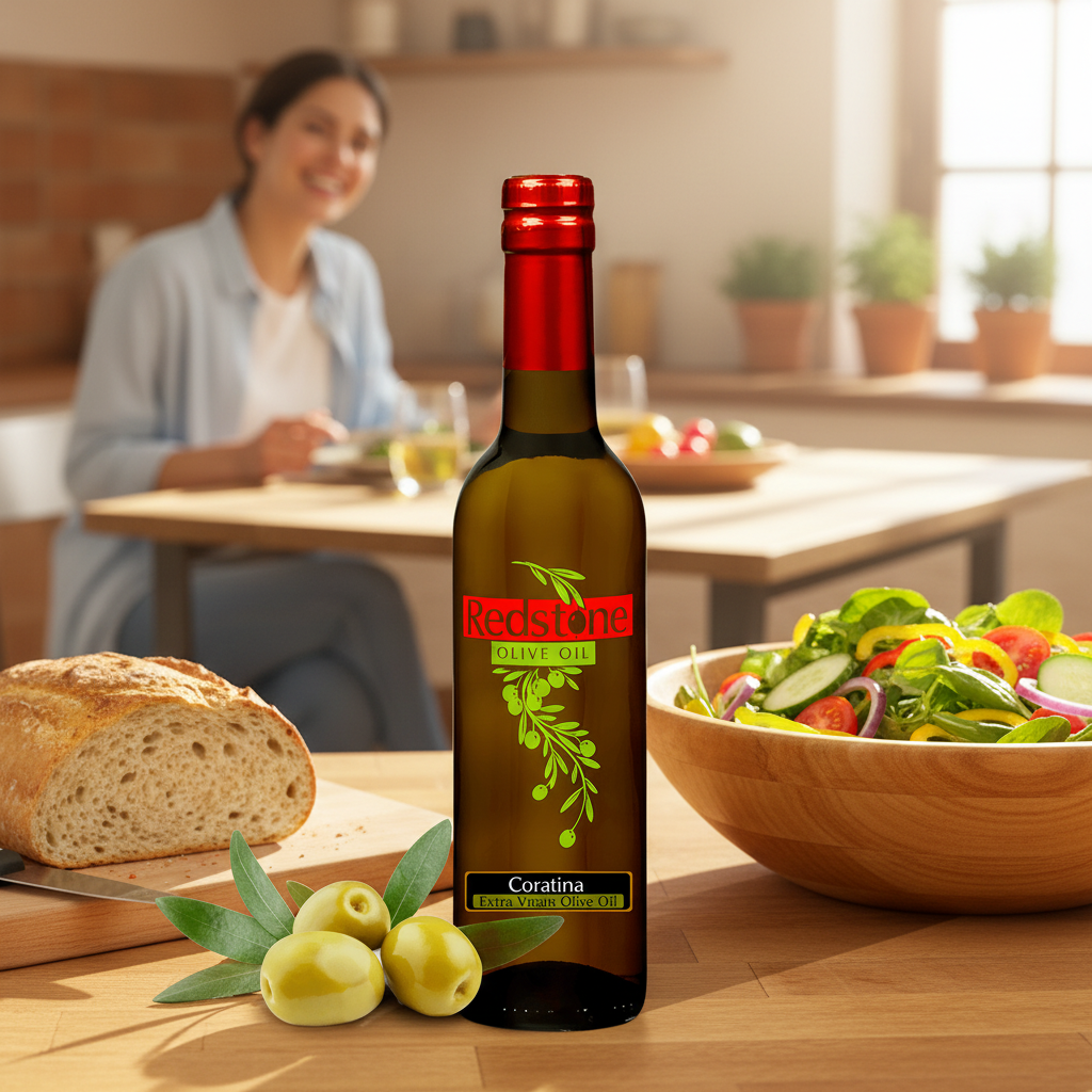 Bottle of Redstone Coratina Extra Virgin Olive Oil on a kitchen counter with fresh salad and bread, woman dining in the background