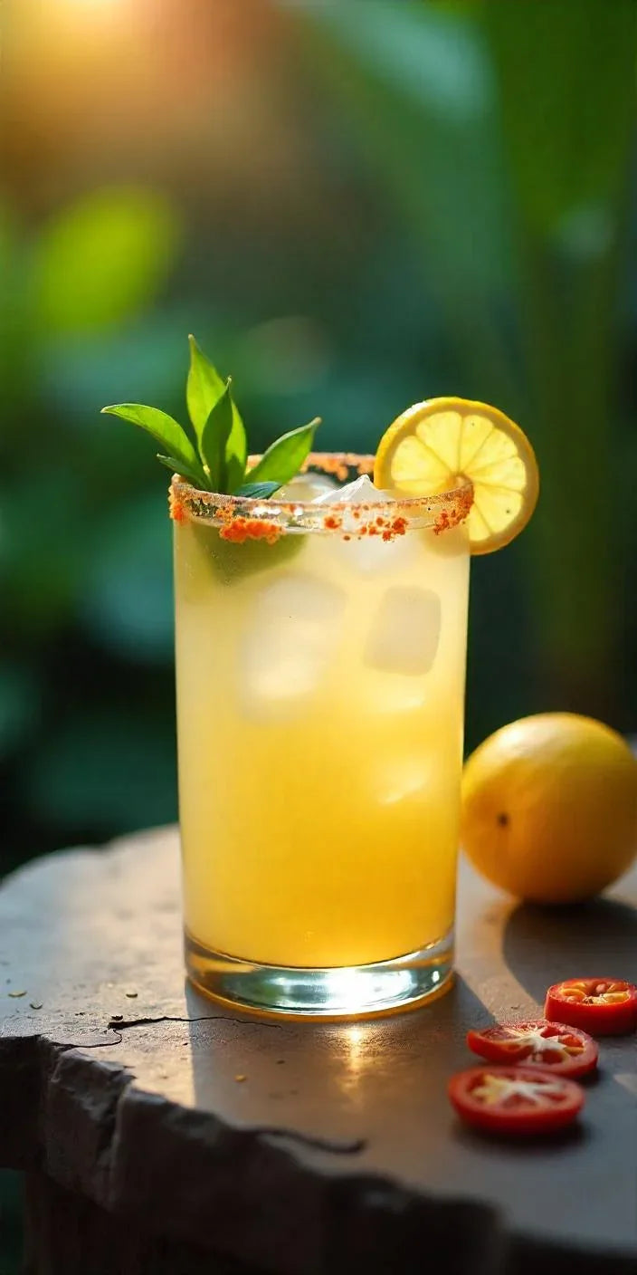 A glass of iced yellow mango margarita cocktail garnished with a lemon wheel, fresh green leaves, and a spicy chili-salt rim.