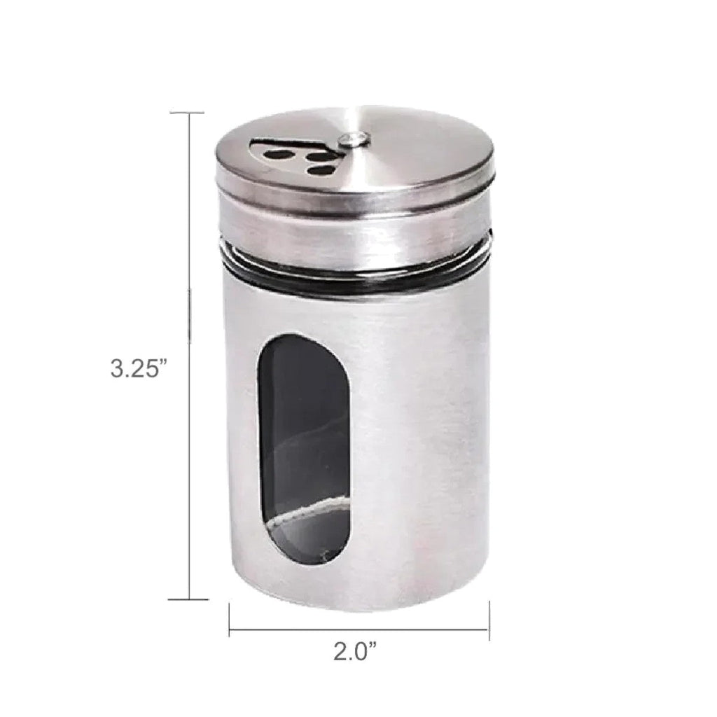 Stainless steel spice shaker jar with glass viewing window, 3.25 inches tall and 2 inches wide