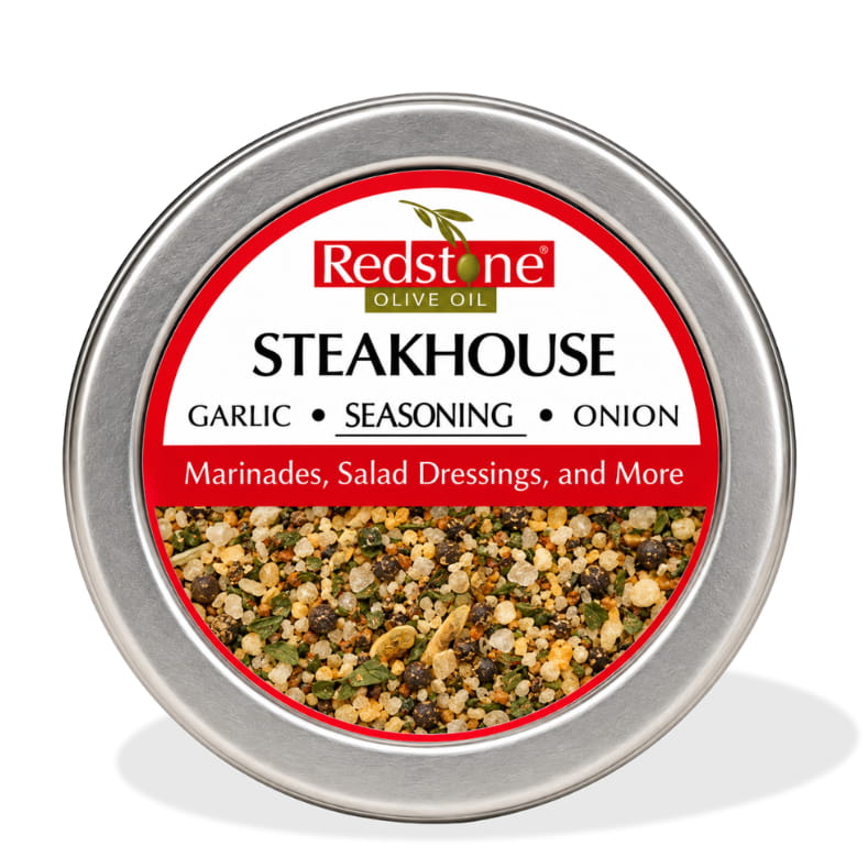 Redstone Steakhouse Spice Blend front tin label — Garlic · Seasoning · Onion — marinades, salad dressings, and more