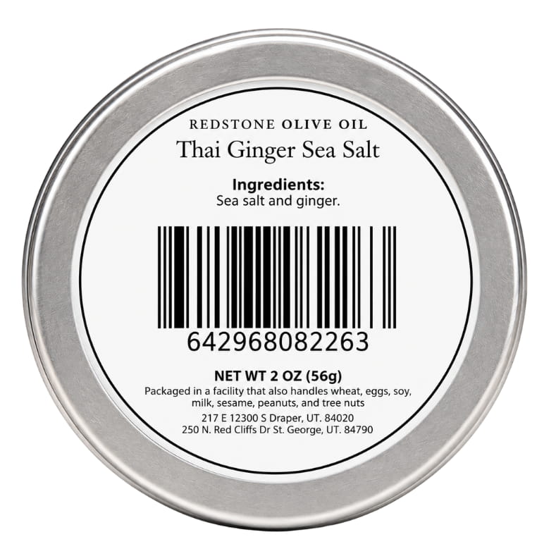 Redstone Thai Ginger Sea Salt bottom label showing barcode, ingredients: sea salt, ginger — 2 oz tin
