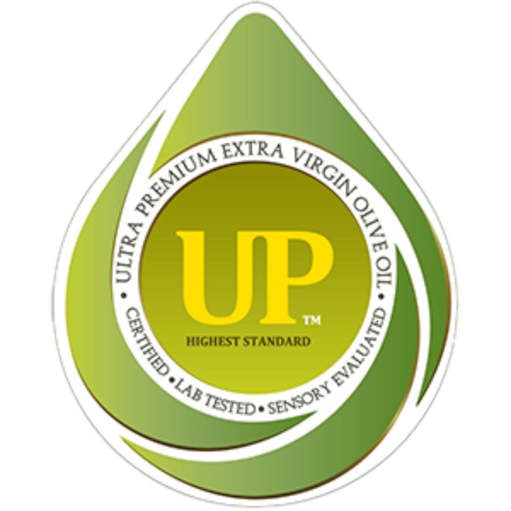 Green droplet certification badge showing Ultra Premium Certified Extra Virgin Olive Oil standard verification