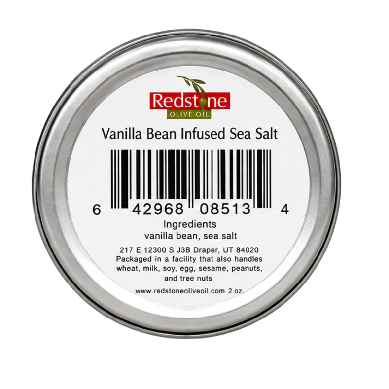 Redstone Vanilla Bean Infused Sea Salt bottom label showing barcode, ingredients: vanilla bean, sea salt — 2 oz tin