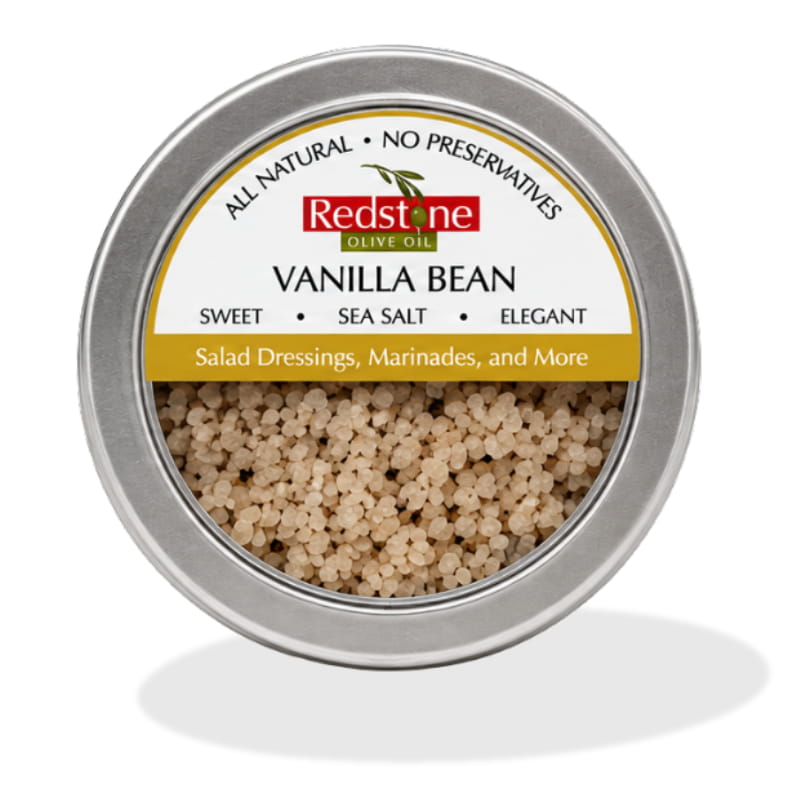 Redstone Vanilla Bean Sea Salt front tin label — Sweet · Sea Salt · Elegant — all natural, no preservatives