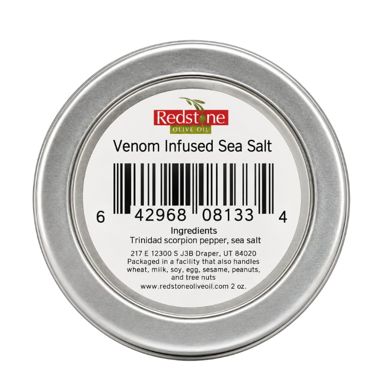 Redstone Venom Sea Salt bottom label showing barcode, ingredients: Trinidad scorpion pepper, sea salt — 2 oz tin
