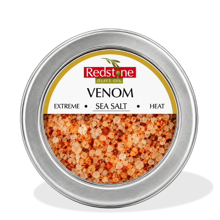 Redstone Venom Sea Salt front tin label — Extreme · Sea Salt · Heat — all natural, no preservatives