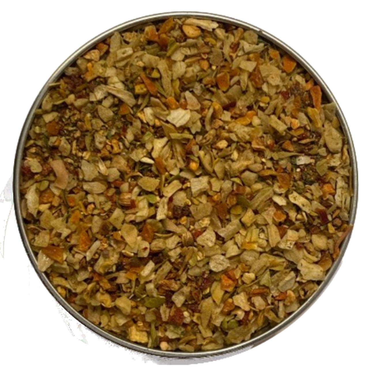 Circular tin of Mrs. No Salt Spice Blend with visible herbs