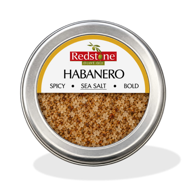 Redstone Habanero Sea Salt front tin label — Spicy · Sea Salt · Bold — all natural, no preservatives