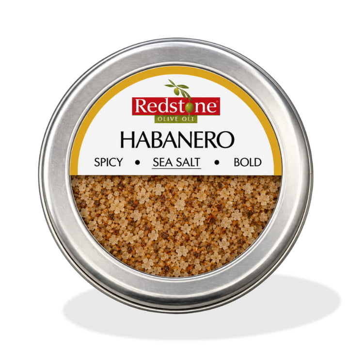 Redstone Habanero Sea Salt front tin label — Spicy · Sea Salt · Bold — all natural, no preservatives